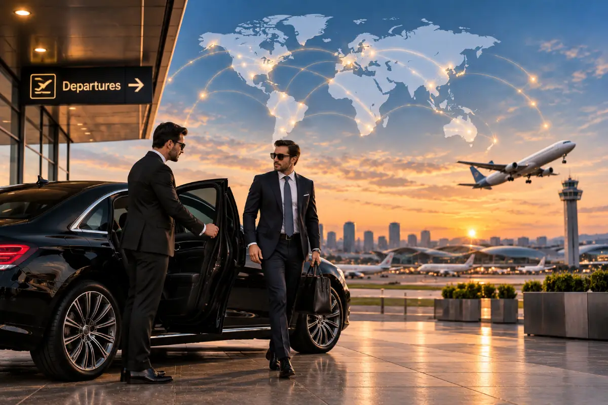 Professional transportation partners with luxury sedan and airport travel